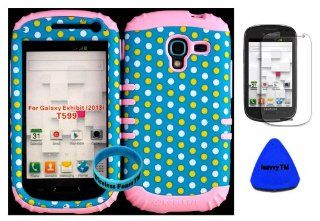 Hybrid Impact Rugged Cover Case for 2013 Release Samsung Galaxy Exhibit 4G T599 Light Blue Polka on Baby Pink Skin (Included Screen Protector, Wristband and Pry Tool Exclusively By Wirelessfones TM) Cell Phones & Accessories