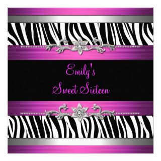 Sweet Sixteen Pink Black White Zebra Silver 2 Custom Invitation