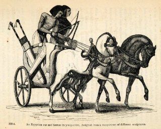 1854 Woodcut Ancient Egyptian Horse Drawn Chariot Bow Arrow Weapons Archaeology   Original Woodcut   Woodcuts Prints