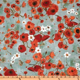 44'' Wide Gallery Fiori Posies Red Teal Fabric By The Yard