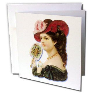 gc_175396_1 Vintage Victorian Images of Men and Women   Beautiful Victorian Lady in a Feathered Hat Holding a Feather Fan   Greeting Cards 6 Greeting Cards with envelopes 