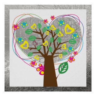 Heart love tree silver custom poster