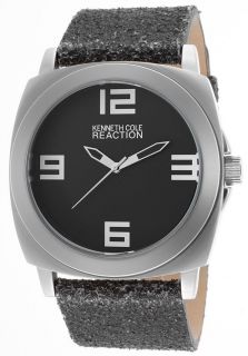 Kenneth Cole Reaction KR1287  Watches,Mens Black Dial Black Crackled Genuine Leather, Casual Kenneth Cole Reaction Quartz Watches