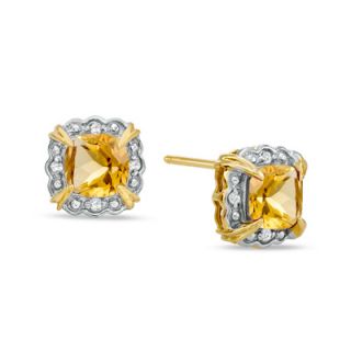 0mm Cushion Cut Citrine and Diamond Accent Frame Stud Earrings in