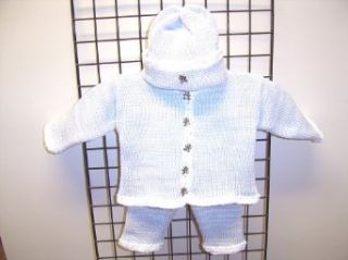 Cpk641bw, Knitted on Hand Knitting Machine Then Finished By Hand Crochet Infant Boys Outfit, Containing White, Blue Tweed Cotton Boys Cardigan Sweater, Pant, Hat Set Infant And Toddler Pants Clothing Sets Clothing