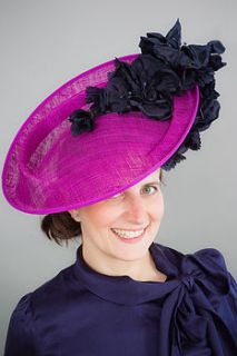 sinamay hat with navy silk flowers by kate davison   milliner