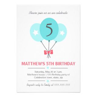 Aqua blue balloons and bow birthday party personalized invitations