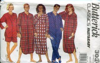 Butterick Classics Fast & Easy Pattern 3034 ~ Unisex Pajamas (Night Shirt, Top, Shorts & Pants) ~ XS S M