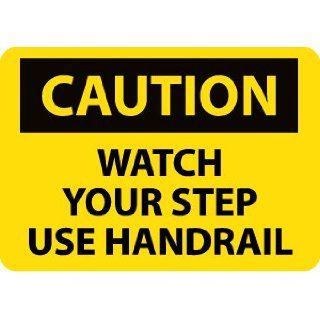 NMC C643PB OSHA Sign, Legend "CAUTION   WATCH YOUR STEP USE HANDRAIL", 14" Length x 10" Height, Pressure Sensitive Vinyl, Black on Yellow Industrial Warning Signs