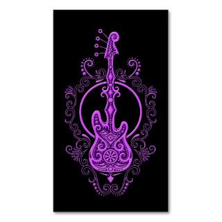 Intricate Purple Bass Guitar Design on Black Business Card