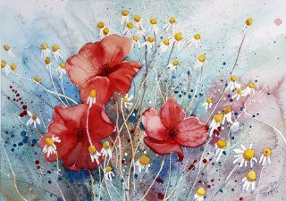 Poppies of the Field, Giclee Print of Watercolor Flower Picture, Showing Red Poppies and Chamomile in a Field in France, 10 X 13 Inches   Watercolor Paintings