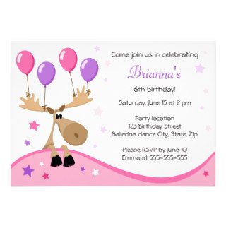 Moose with balloons fun girly kids birthday party custom invites