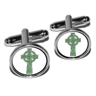 Celtic Christian Cross   Irish Ireland Scotland Scottish   Green White Round Cufflink Set   Silver   Sports Fan Cuff Links