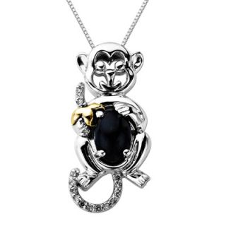 Oval Onyx and Diamond Accent Monkey Pendant in Sterling Silver and 14K