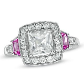 Princess Cut Lab Created White and Pink Sapphire Frame Ring in