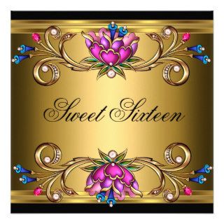 Sweet Sixteen 16 Birthday Party Black Gold Pink Personalized Invites