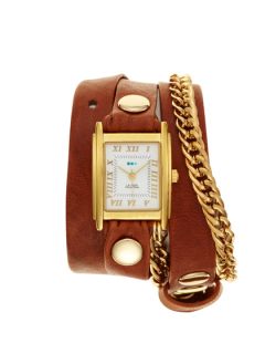 Womens  Gold Chain & Tobacco Leather Wrap Watch by La Mer Collections
