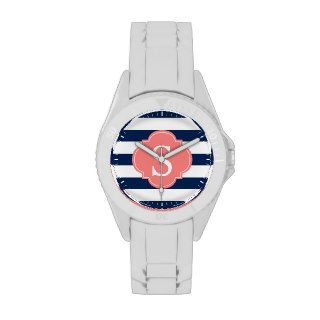Coral and Blue Horizontal Stripes Monogram Wrist Watch