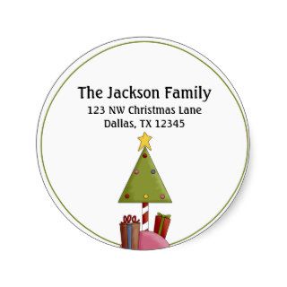 Whimsical Christmas Tree and Gifts Address Labels Round Sticker