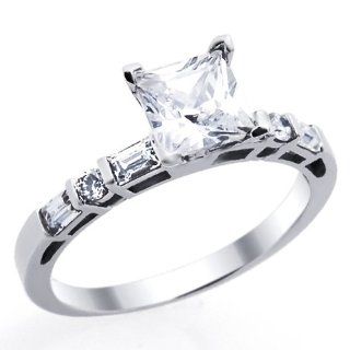 14K White Gold Engagement Ring 1ctw CZ Cubic Zirconia Princess Cut Solitaire W/ Baguette Ring Jewelry