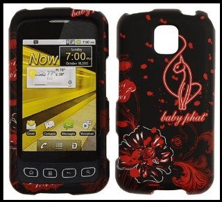 LG MS690 Optimus M Baby Phat (Licensed) Hard Shell Snap on Cover Case Black Red Color Poppys White Glow + Clear Screen Protector Cell Phones & Accessories