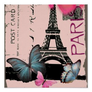 Vintage pink Paris Effiel Tower Butterfly Fashion Posters