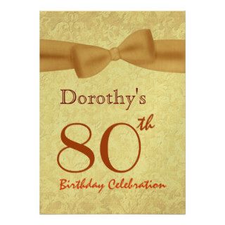 80th Birthday Party Gold Damask Bow Custom Name Custom Invitation