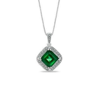 0mm Princess Cut Lab Created Emerald and Diamond Accent Pendant in