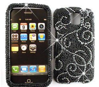 LG Optimus M MS690 Full Diamond Crystal, White Vines on Black Hard Case/Cover/Faceplate/Snap On/Housing/Protector Cell Phones & Accessories