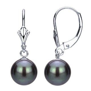 14k White Gold with 9 10mm Black Round Cultured Freshwater Pearl Design Lever back Earring. Jewelry