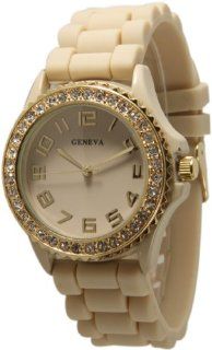 Beige Ceramic Style Silicone Geneva Womens Watch Large Round Face Surrounded with Sparkly Gold Rhinestones at  Women's Watch store.