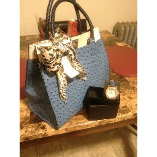 MG Collection DORIT Blue / Beige Ostrich Embossed Shoulder Tote Style Handbag Top Handle Handbags Shoes