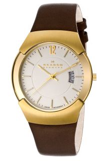 Skagen 981XLGLD  Watches,Mens White Dial Brown Genuine Leather, Casual Skagen Quartz Watches