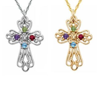 Mothers Birthstone Cross Pendant in 10K White or Yellow Gold (2 6