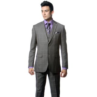 Zonettie By Ferrecci Mens Custom Slim Fit Charcoal Grey Plaid 3 piece Vested Suit
