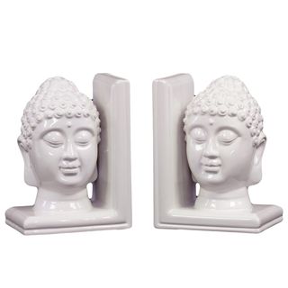 White Ceramic Buddha Head Bookends (set Of 2)