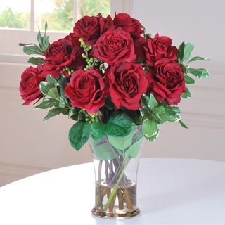 A Dozen Red Roses In Glass Vase 20 Inches Red