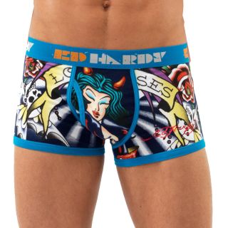 Ed Hardy Mens Love And Roses Blue Neon Trunk Briefs