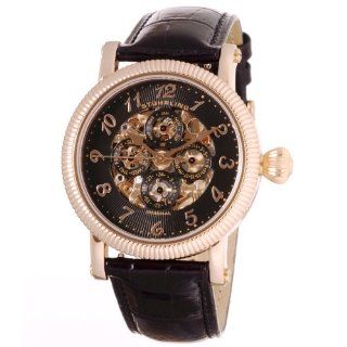 Stuhrling Symphony Maestro Skeleton Watch   Men's Leather Band Black Dial with Rose Gold Case Jewelry