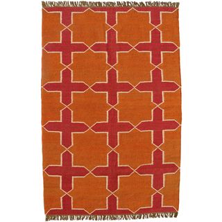 Hand woven Orange Jute/wool Flat Weave Rug (6 X 9)