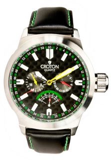 Croton CC311271BSGR  Watches,Mens Multi Function Black Carbon Fiber Dial Black Leather, Luxury Croton Quartz Watches