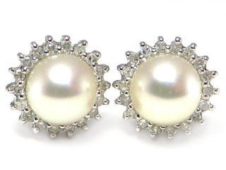 BOLD 8 mm Freshwater Pearl & Diamond Halo Earrings 14k White Gold Jewelry