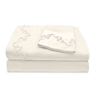 Veratex Grand Luxe 300 Thread Count Egyptian Cotton Deep Pocket Sheet Set With Chenille Embroidered Scroll Design Off White Size Twin