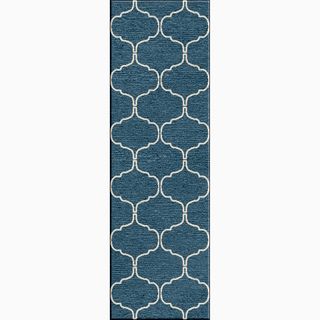 Hand made Moroccan Pattern Blue/ Ivory Wool Rug (2.6x8)