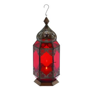 Traditional Metal Lantern With Red Glass