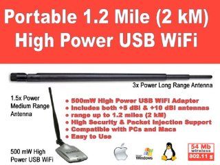 Portable 1.2 mile 500mW High Power USB WiFi 802.11b/g with 1.5x and 3x Boosters Computers & Accessories