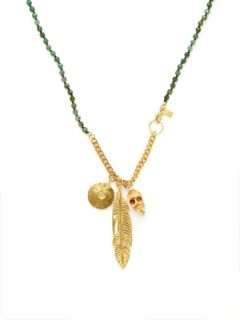 Gold Disc, Feather, & Bone Skull Pendant Necklace by Chan Luu