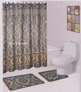 15 pc. Bath Mat Set / Fabric Shower Curtain / Fabric Covered Hooks   "Damask" Blue   Pillowcase And Sheet Sets