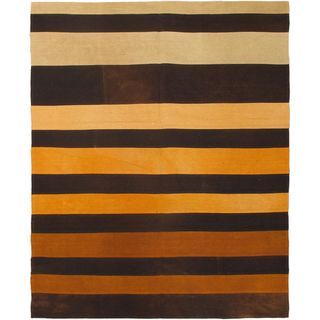 Hand woven Bohemian Black Striped Wool Rug (67 X 82)