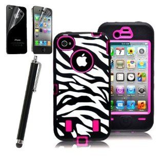 Aria (TM) BLACK ZEBRA HIGH IMPACT COMBO HARD RUBBER CASE FOR IPHONE 4 4G 4S HOT PINK Film Cell Phones & Accessories